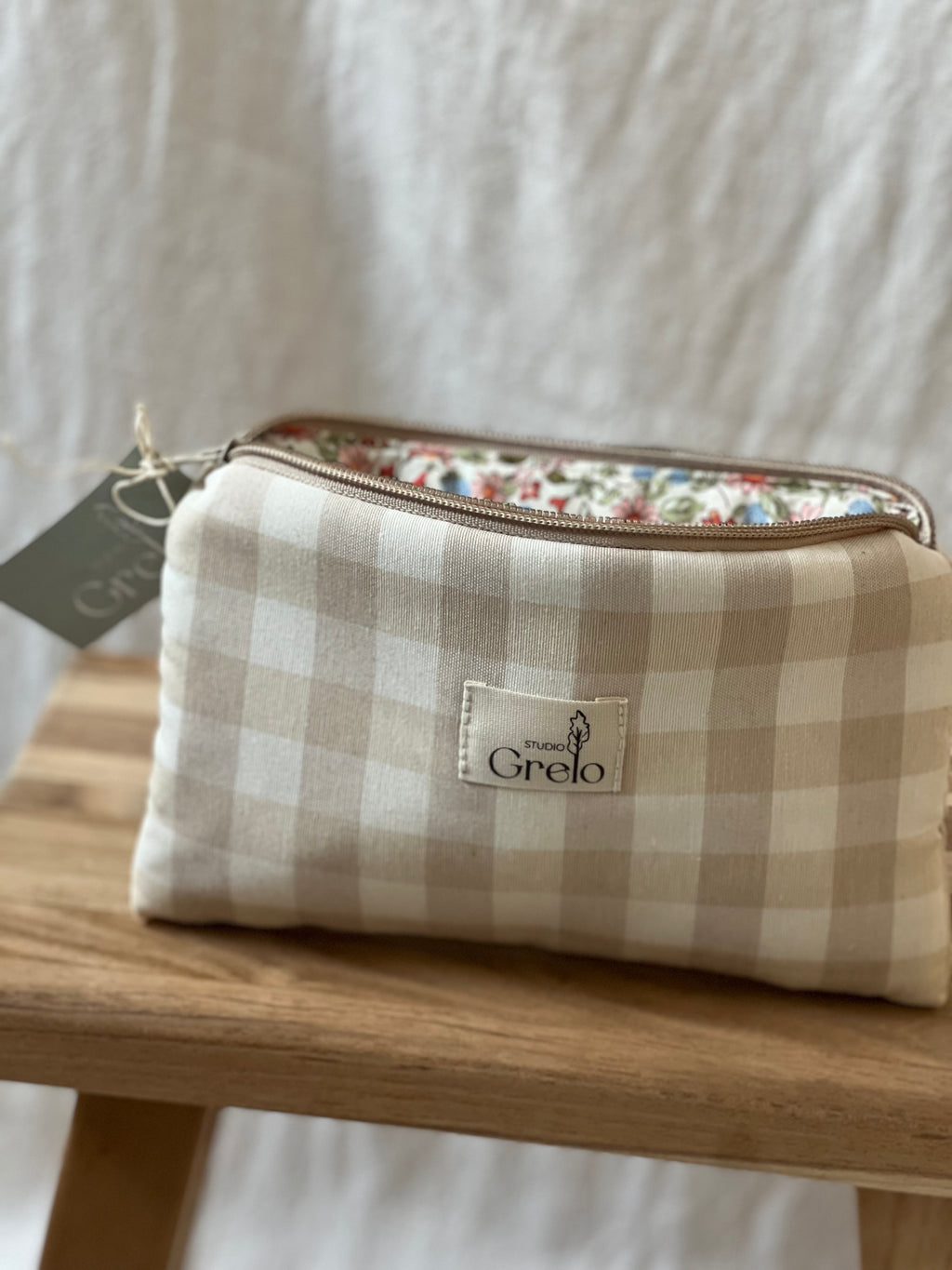 Neceser de Tela Vichy Beige Blanco Tamaño Pequeño Hecho a Mano - Studio Grelo