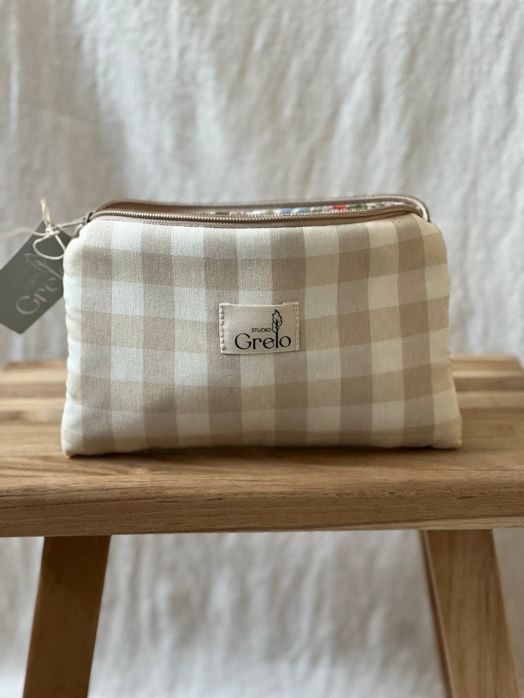 Neceser de Tela Vichy Beige Blanco Tamaño Pequeño Hecho a Mano - Studio Grelo