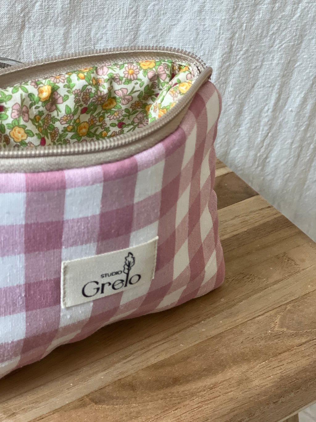 Neceser de Tela Vichy Rosa Blanco Tamaño Pequeño Hecho a Mano - Studio Grelo