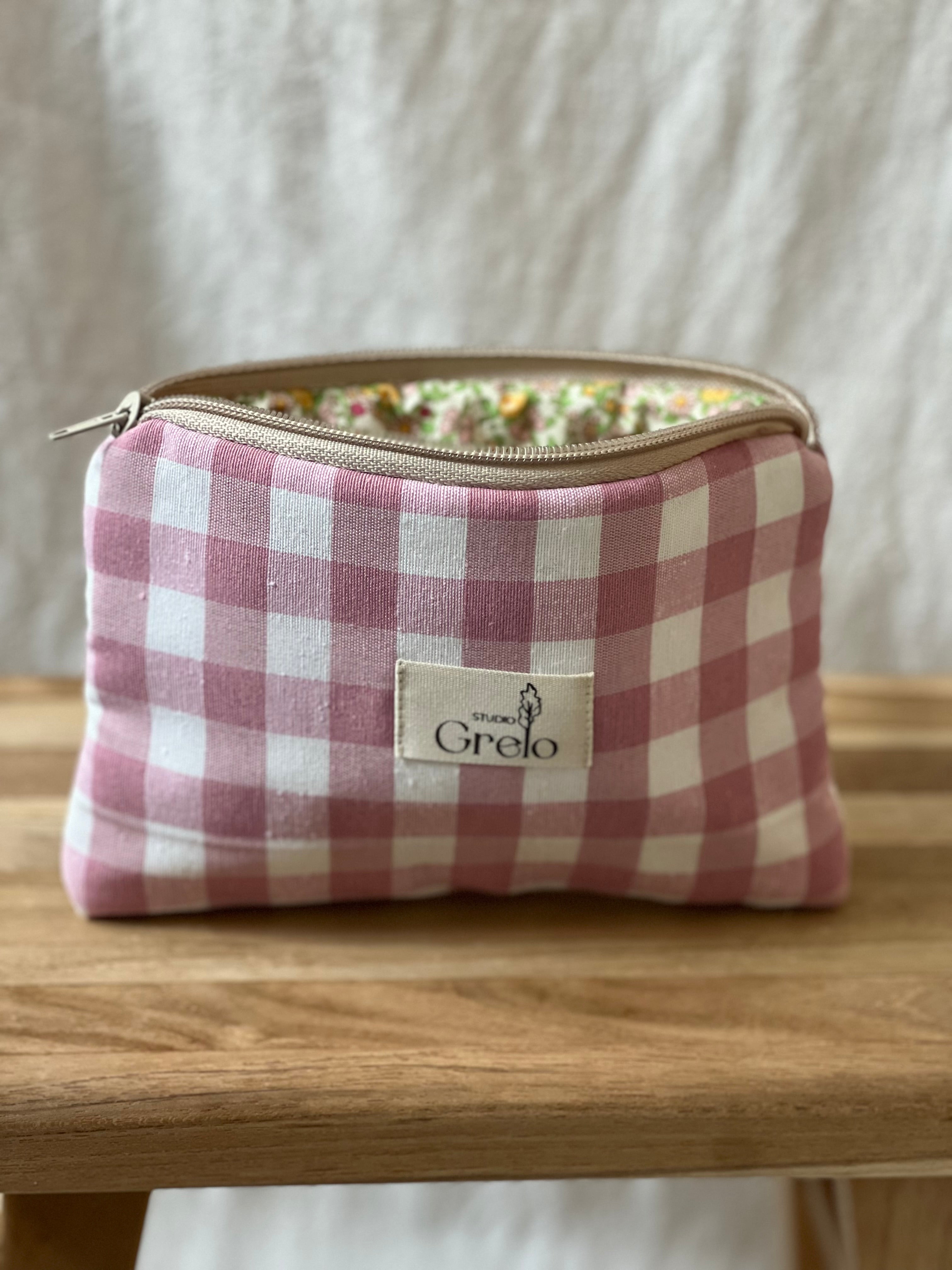 Neceser de Tela Vichy Rosa Blanco Tamaño Pequeño Hecho a Mano - Studio Grelo