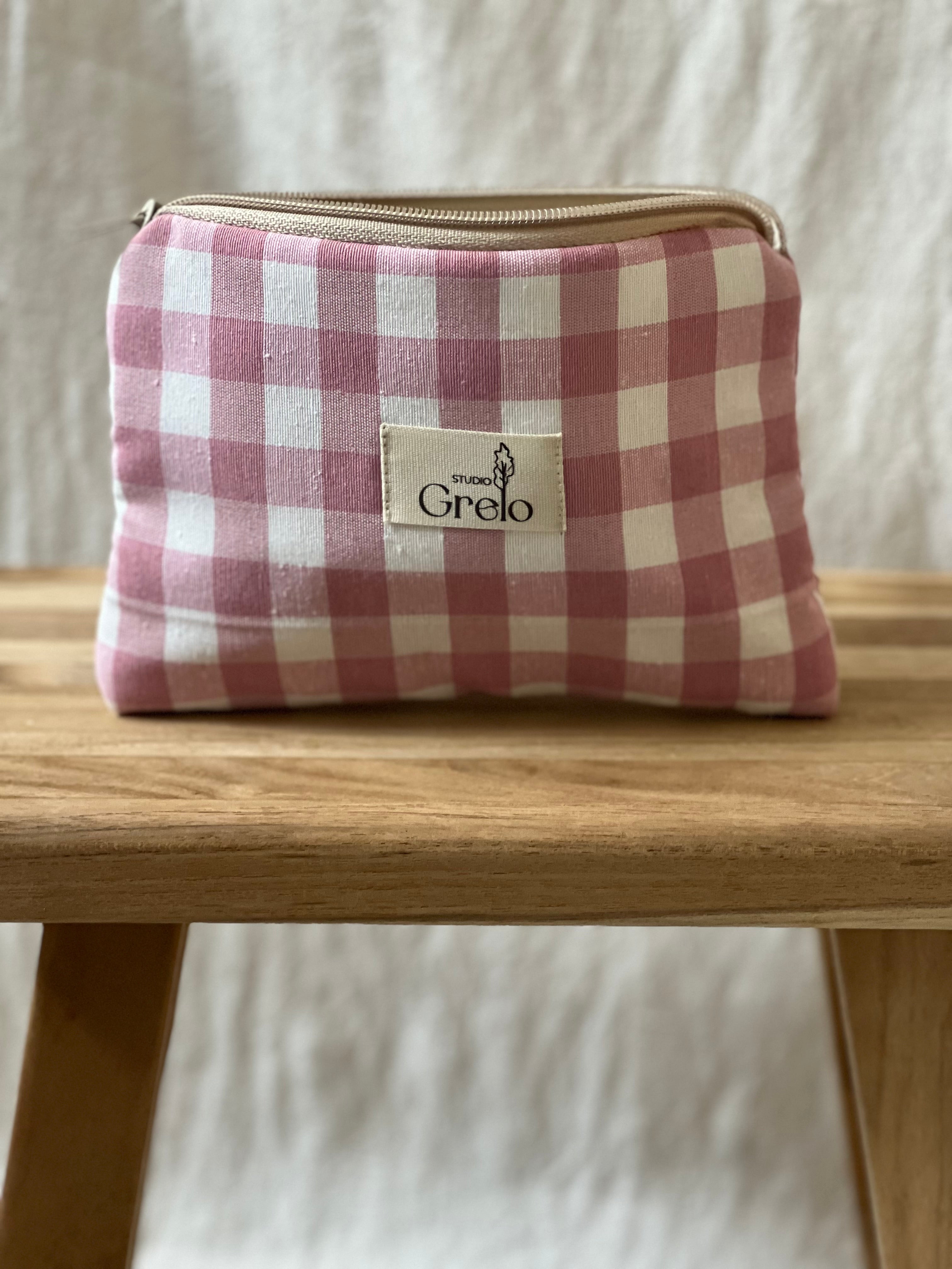 Neceser de Tela Vichy Rosa Blanco Tamaño Pequeño Hecho a Mano - Studio Grelo