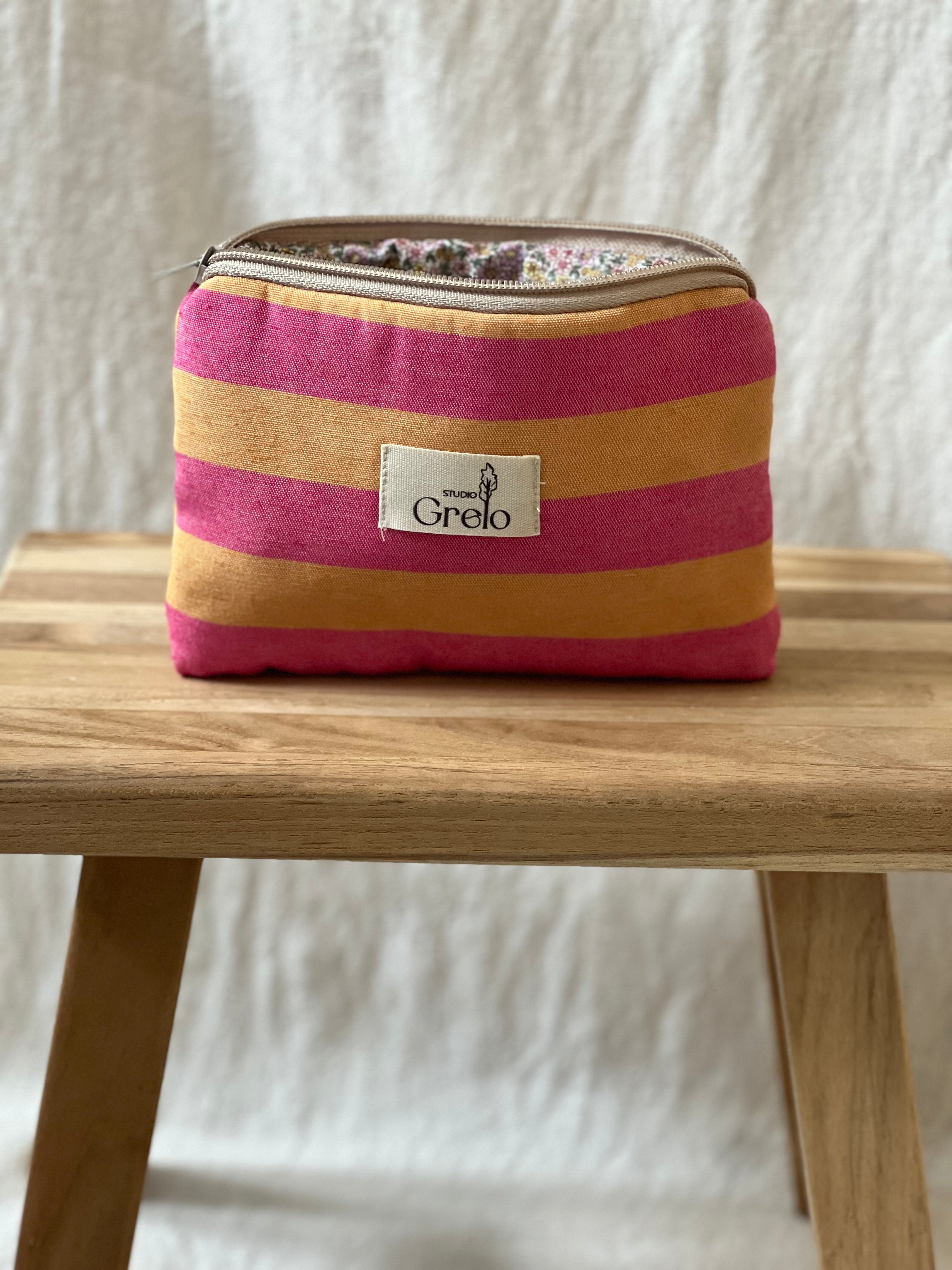 Neceser de Tela Rayas Fucsia y Naranja Tamaño Pequeño Hecho a Mano - Studio Grelo