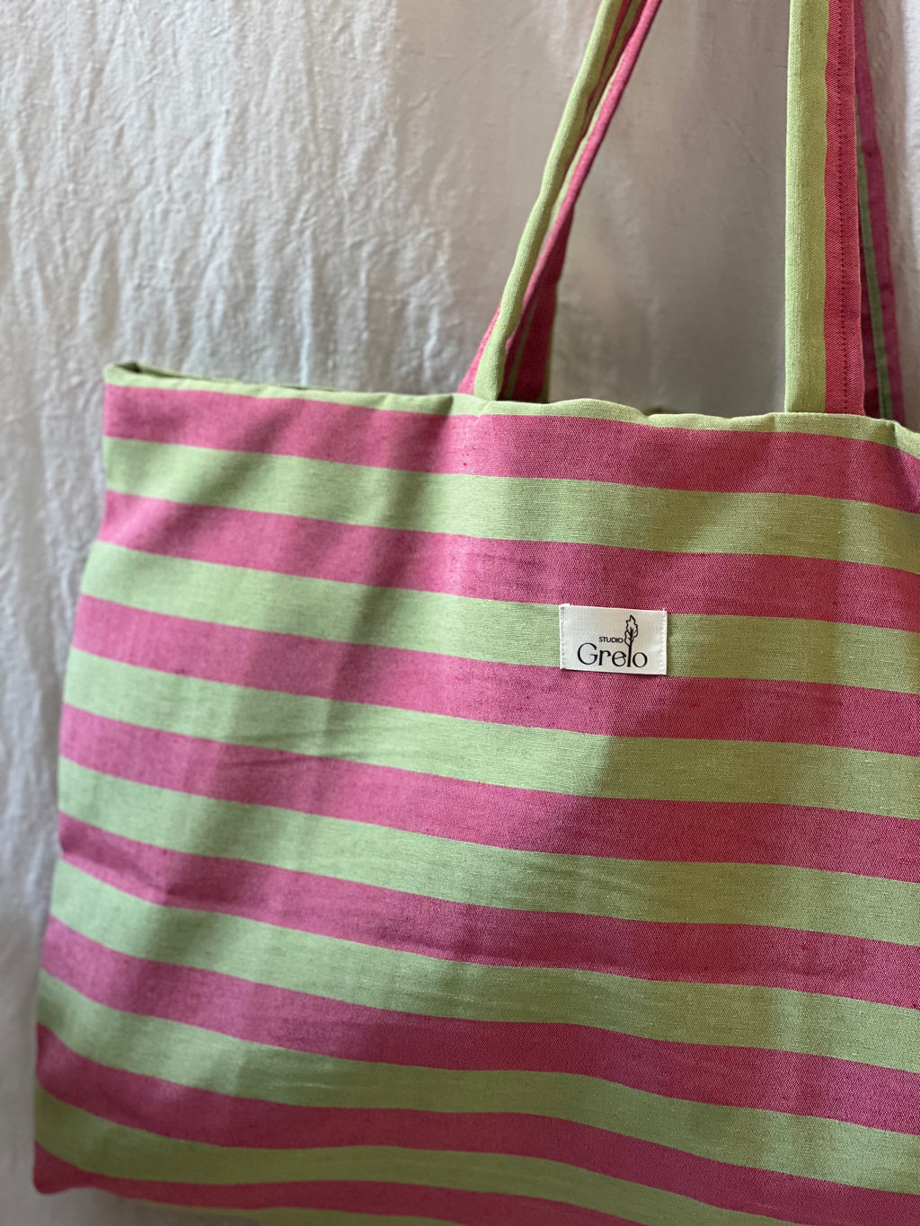 Bolsa de Tela Rayas Fucsia y Verde Reversible Hecha a Mano – Studio Grelo