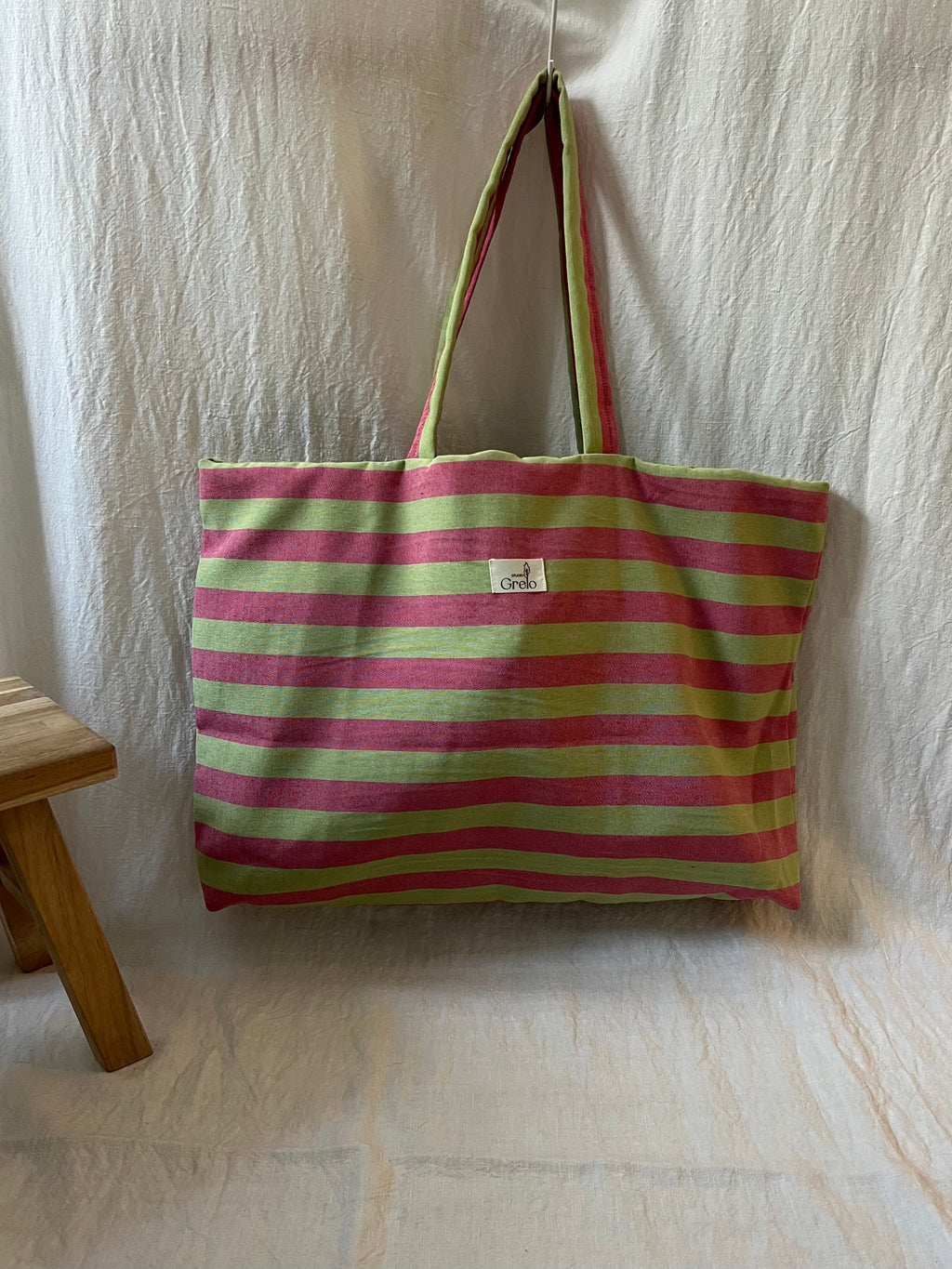 Bolsa de Tela Rayas Fucsia y Verde Reversible Hecha a Mano – Studio Grelo