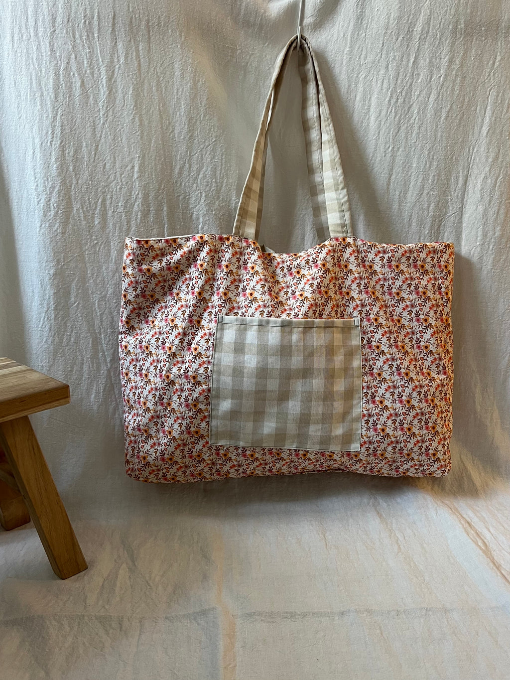 Bolsa de Tela Vichy Beige Reversible Hecha a Mano – Studio Grelo