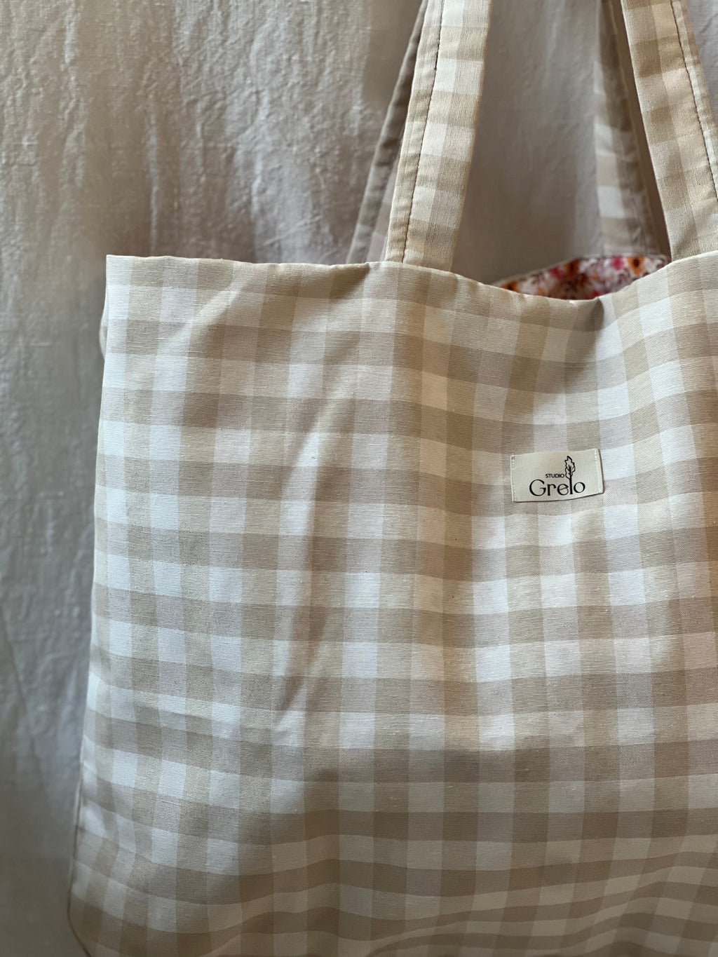 Bolsa de Tela Vichy Beige Reversible Hecha a Mano – Studio Grelo