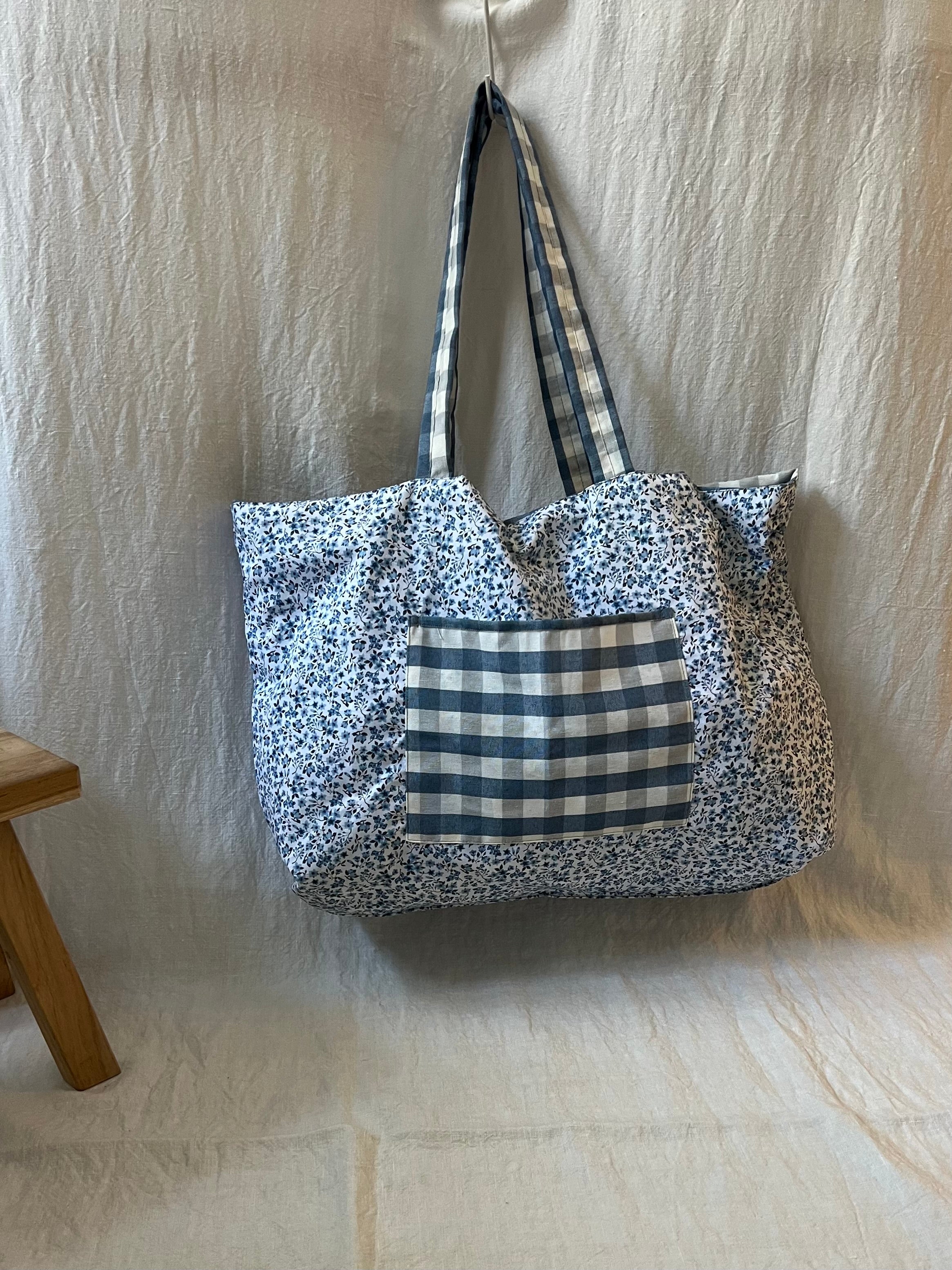 Bolsa de Tela Vichy Azul Reversible Hecha a Mano – Studio Grelo