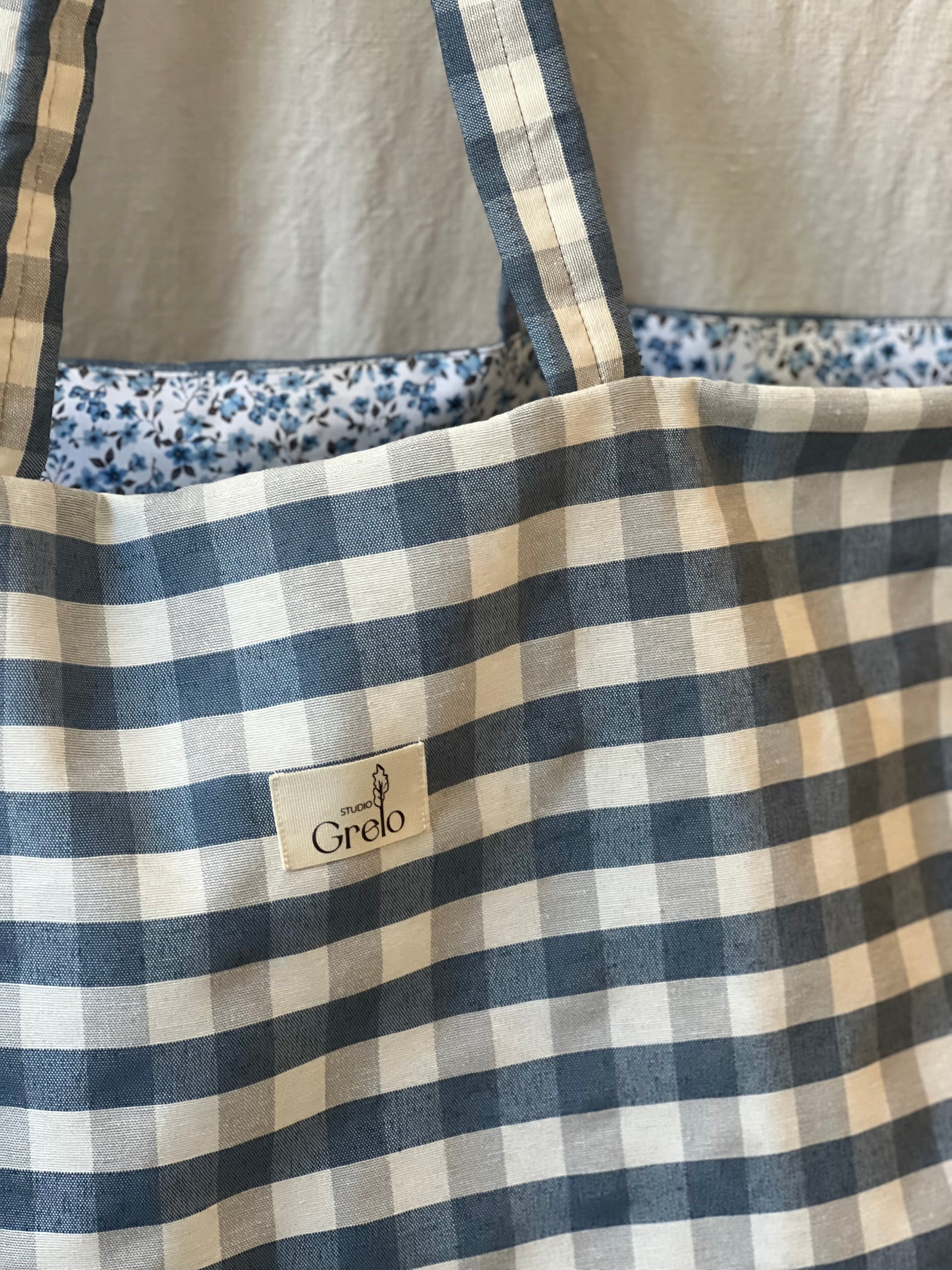 Bolsa de Tela Vichy Azul Reversible Hecha a Mano – Studio Grelo