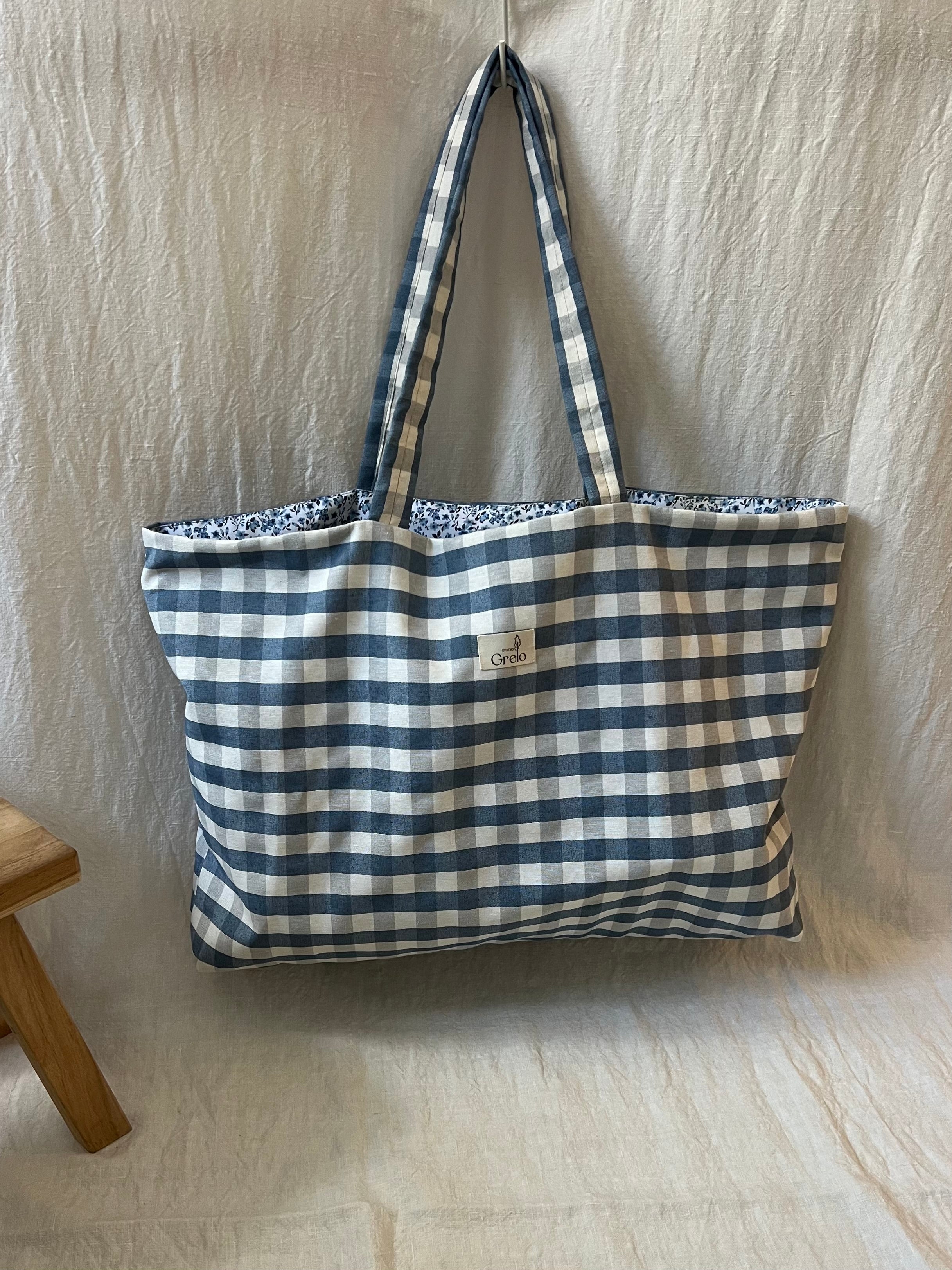 Bolsa de Tela Vichy Azul Reversible Hecha a Mano – Studio Grelo