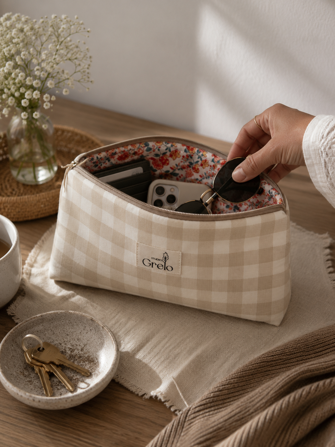 Neceser Mediano Vichy Blanco Beige